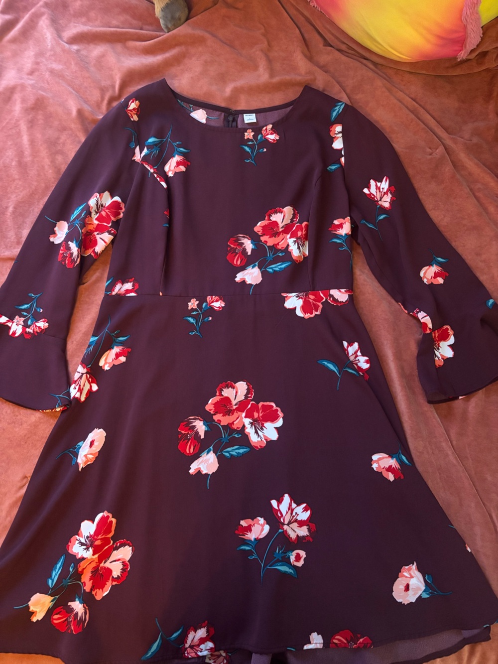 Old Navy Plum Floral Midi Dress with Red and Teal Blooms